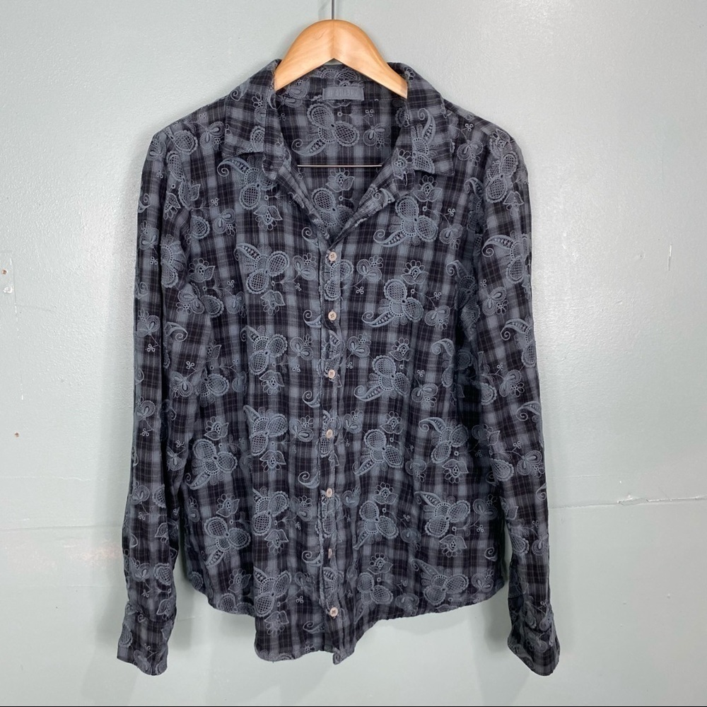 CP Shades M Blue Black Plaid Paisley Eyelet Embroidered Button‎ Down Shirt